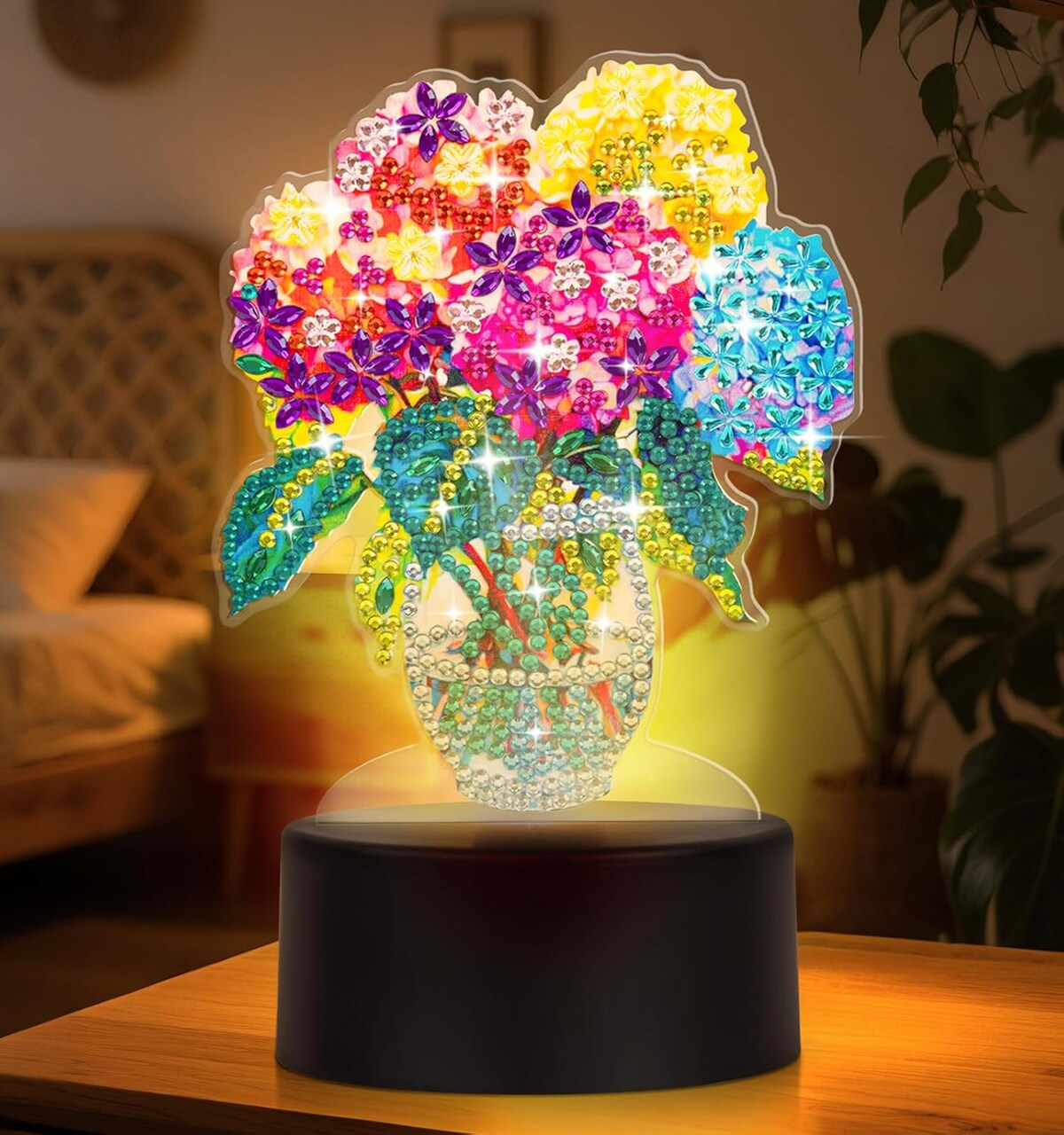 Diamond Painting Night Light – DIY Desktop Ornament Kit for Adults, Flower Design Tabletop Touch Lamp, Diamond Art Decor for Bedroom & Living Room, Beginner-Friendly
